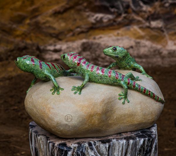 Jennifer Lowe Three Gecko Lizards Stoneware ceramic Signed Unique 24cm high by 30cm wide by 43cm deep