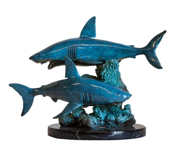 Blue sharks Bronze on marble plinth Signed Wyland 1999 Edition 202 of 300 25cm high by 33cm wide by 23cm deep