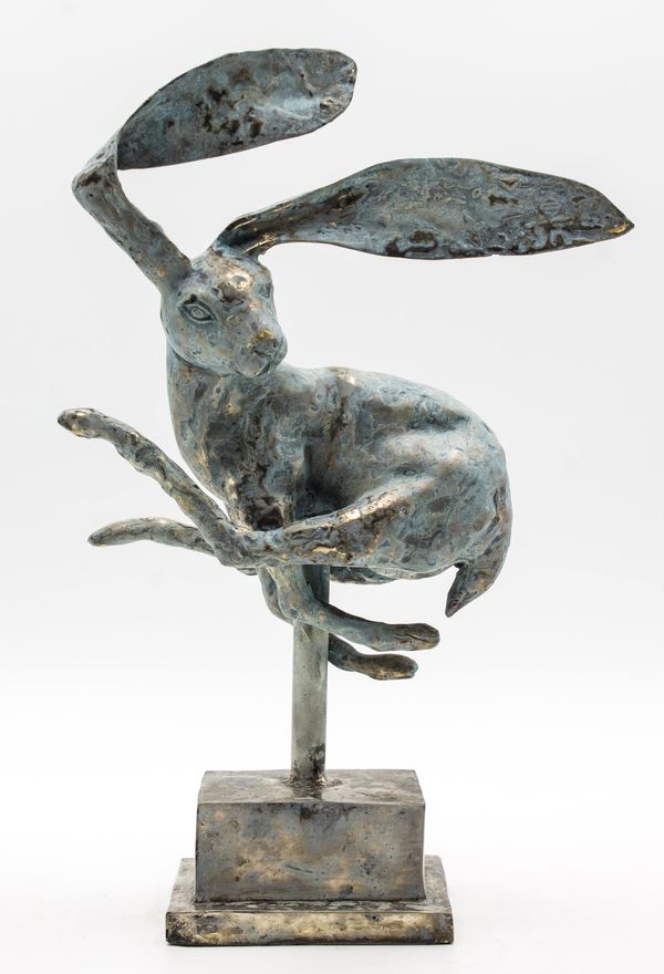 Bounding hare Bronze with silvered patina 36cm high by 25cm wide by 13cm deep