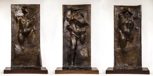 Michael Ayrton (1921-1975)  Emerging figure triptych Bronze on wood plinth Executed in 1966 each 97cm high by 57cm wide by 28cm deep