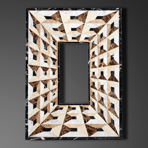 A multi marble veneered mirror/picture frame in geometric patterns modern 102cm high by 74cm wide
