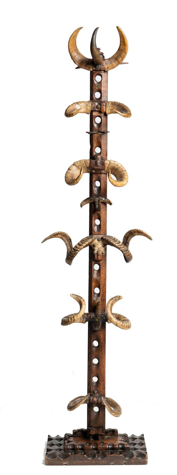 An unusual oak and horn stick stand Scottish, late 19th/early 20th century 190cm high This unusual piece incorporating various ram horns and on the...