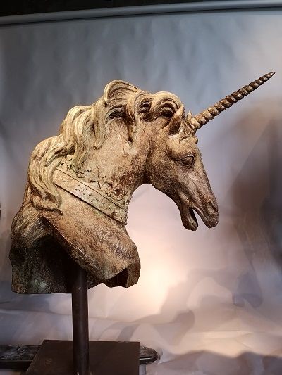 An impressive bronze unicorn head modern variegated patina, mounted on iron base, from an edition of 5 143cm high This recently cast model from an...