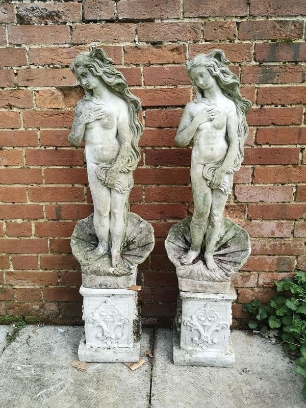 After Botticelli: A pair of composition stone figures of Venus on pedestals 20th century 120cm high, together with a similar group  