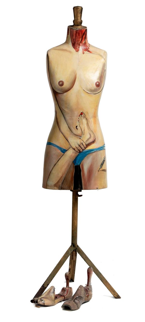 Heni-Horrible-Hine Hippy Drogue  Painted mannequin on iron stand Signed and dated 1972 147cm high