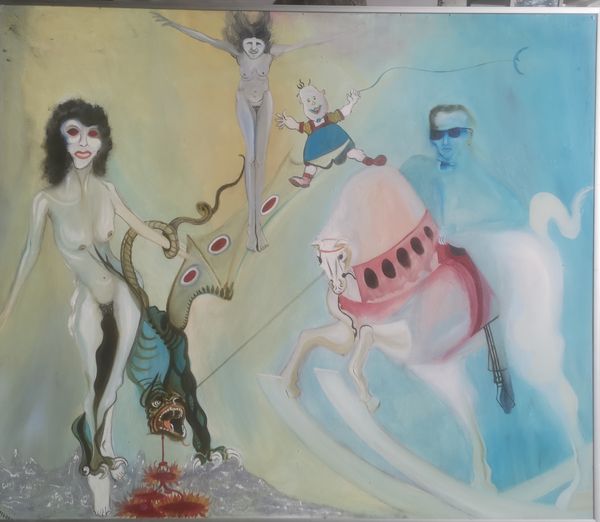 Gerald Moore Fantasy with a naked girl and dragon Oil on board Signed and dated 8 113cm by 132cm  