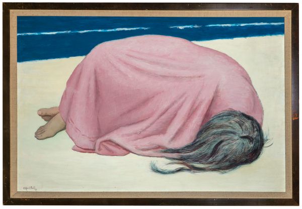&#9650;Clifford Hall (British, 1904-1973) Girl sheltering under beach towel Signed and dated ‘67 Oil on board 63.5cm by 92cm
