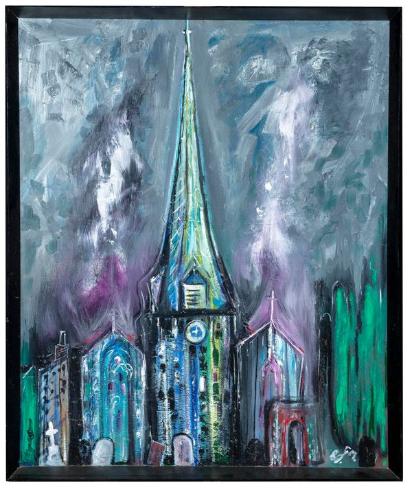 Gerald Moore Church Scene Oil on canvas Initialled and dated ‘89 90cm by 75cm 
