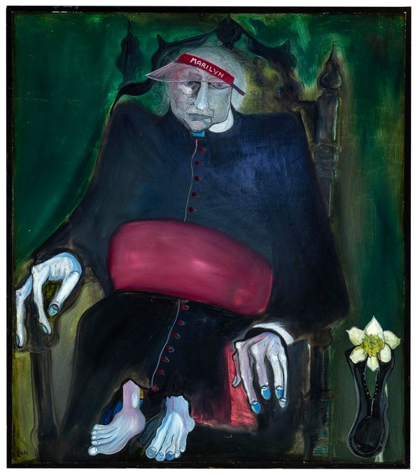 Gerald Moore Self Portrait as a Cardinal called Marilyn Initialled and dated ‘84 Oil on board 122cm by 107cm 