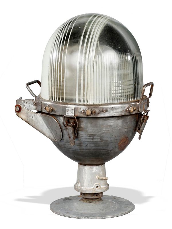 An unusual steel and glazed runway light by Corning American, 1940‘s with patent stamps and inscribed Runway side 64cm high