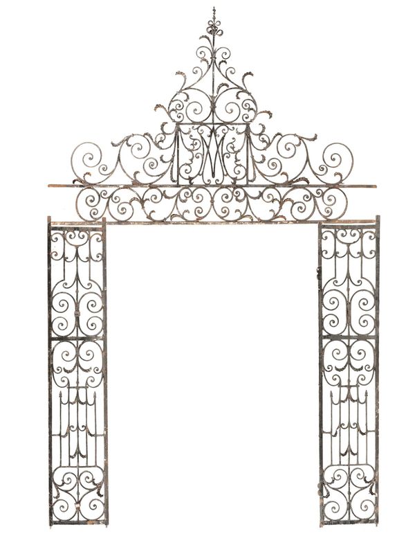A Georgian style wrought iron overthrow and uprights late 19th century 384cm high