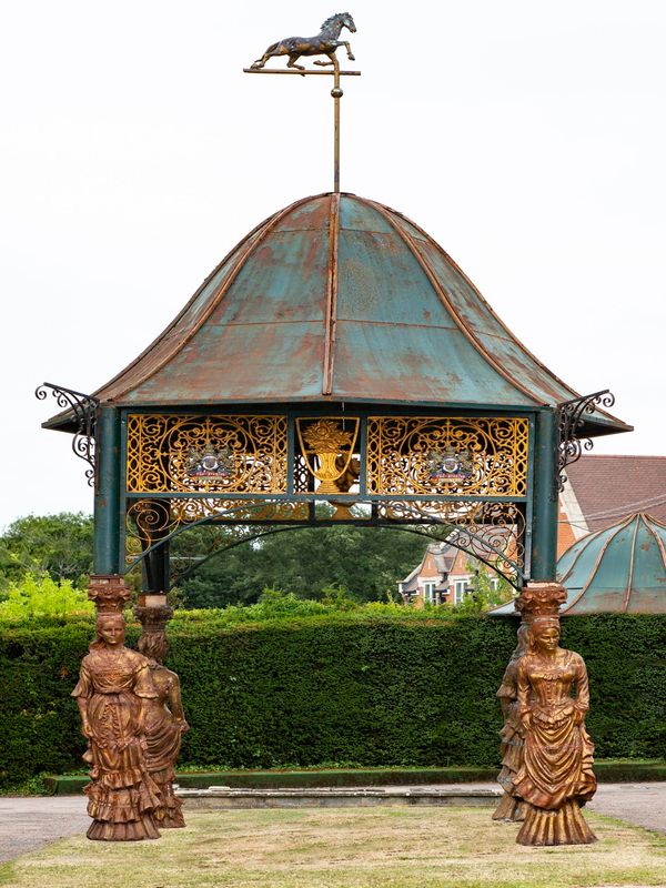 An impressive cast iron pavilion  6 metres high by 330cm square One of four included in the forthcoming sale These pavilions were recently removed...