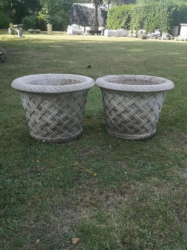 A pair of composition stone basketweave planters modern 46cm high