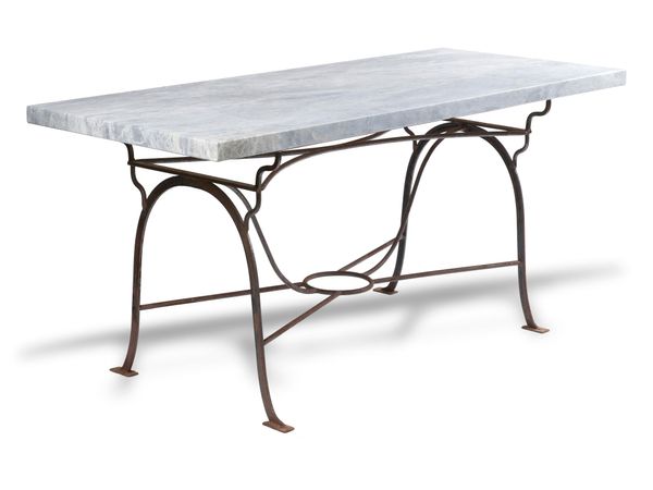 A wrought iron table late 19th century with grey veined marble top 210cm by 90cm