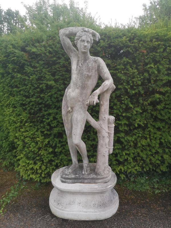 After the Antique: A composition stone figure of a classical youth on pedestal  modern 177cm high