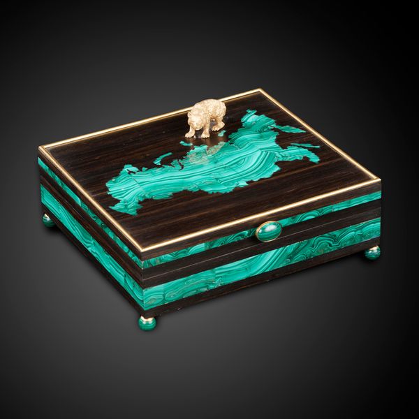 † An impressive malachite and ebony veneered humidor by Glyn Lockett the top inlaid with a map of Russia inset with diamonds showing the location of...