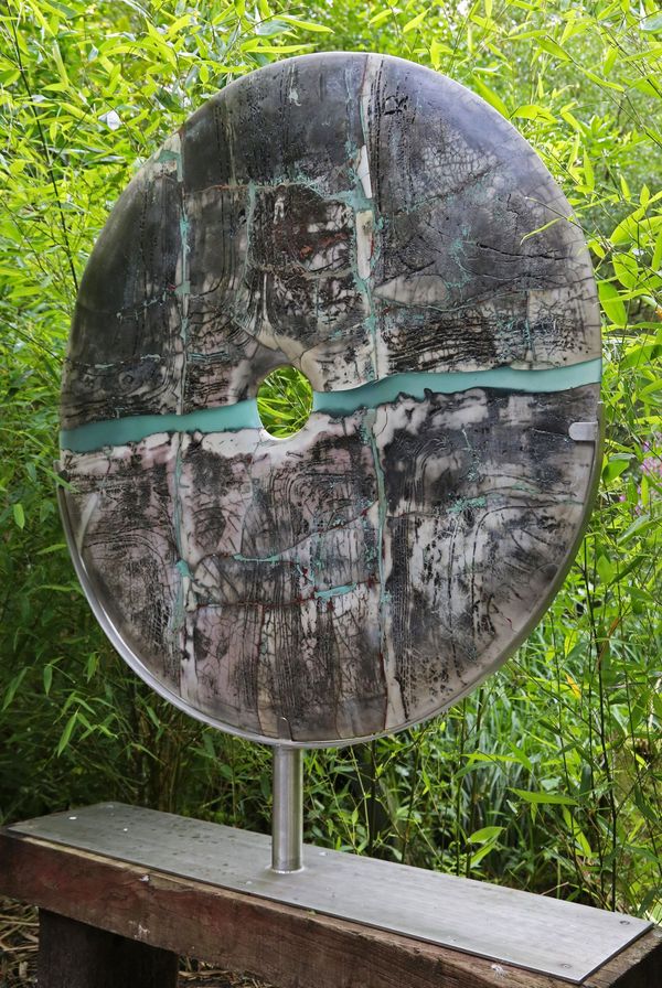 Peter Hayes - WITHDRAWN Raku Disc Ceramic on stainless steel mount Unique 138cm high by 117cm wide