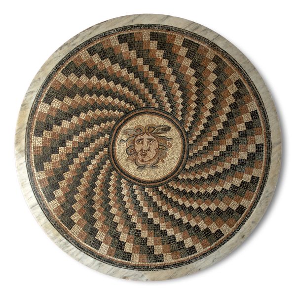 A  Roman style mosaic and marble circular table top on Sienna marble column pedestal