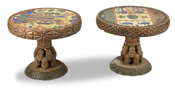 Two marble inlaid hardwood occasional tables