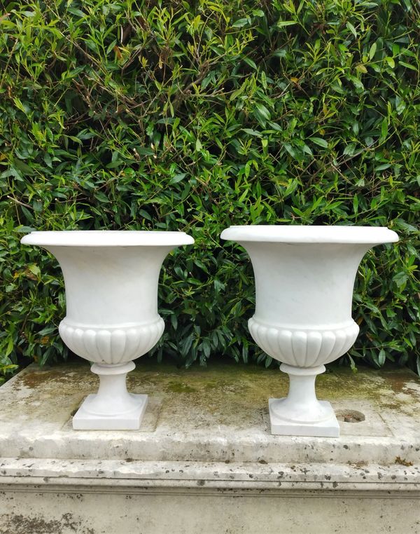 A pair of carved white marble urns