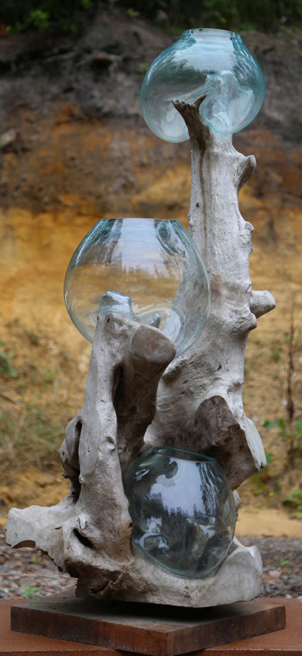 Teak root sculpture with three molten glass bowls