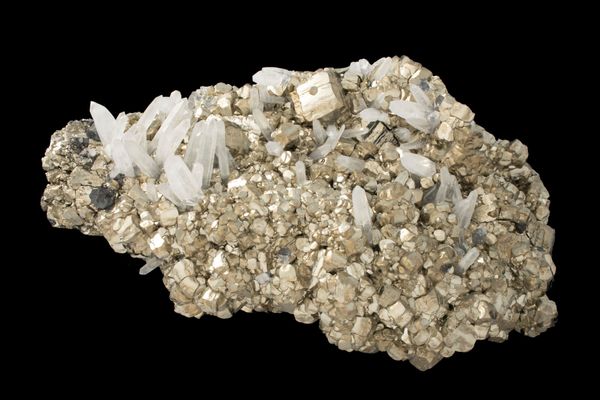 An unusual Pyrite freeform with quartz crystals
