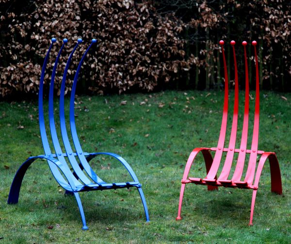 Ian Gill, Born 1966 Red and blue fork chair Powder-coated galvanised steel Signed 150cm high by 75cm wide