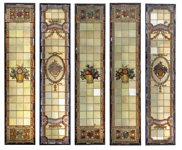 A set of five stained and leaded glass metal framed windows
