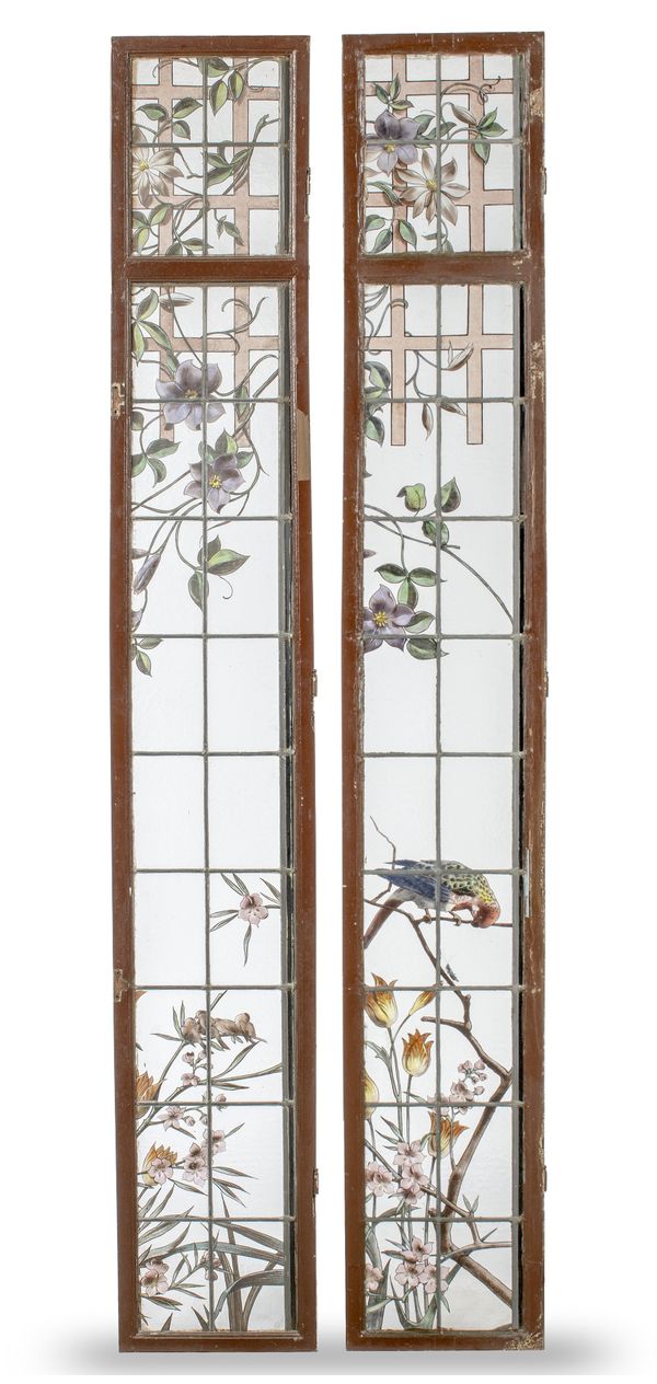 A pair of leaded and stained glass panels