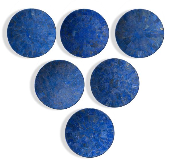 A set of six lapis lazuli veneered plates