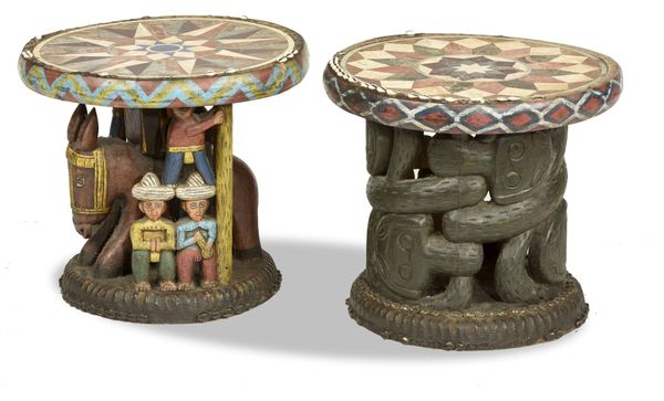 Two inlaid marble and hardwood occasional tables