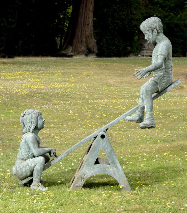 Eneri Prosperi: A Henri studio bronze group of two children on a working seesaw