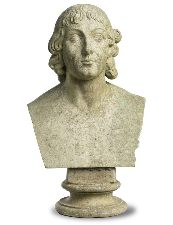A carved white marble portrait bust of Nicolas Copernicus