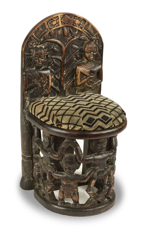 An upholstered hardwood chair