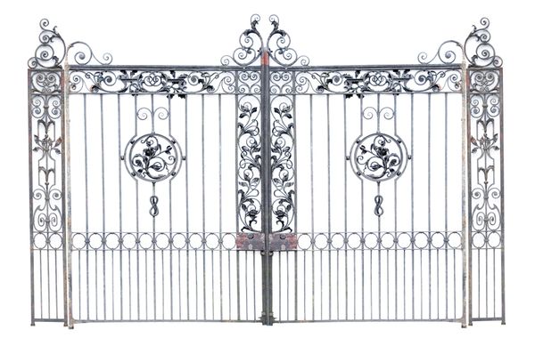 A pair of wrought iron gates and uprights