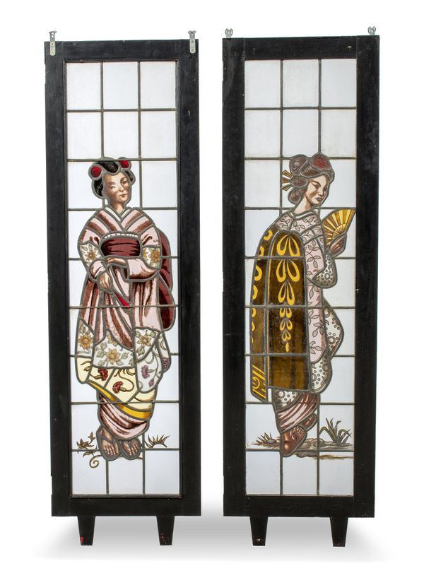 A pair of leaded stained glass panels