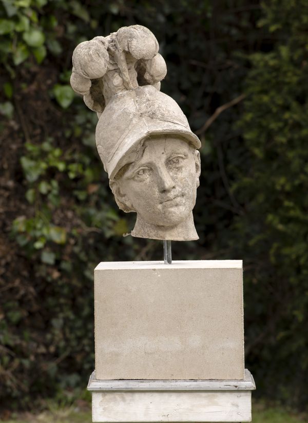 A ciment fondue classical head of Minerva on composition stone base  75cm high