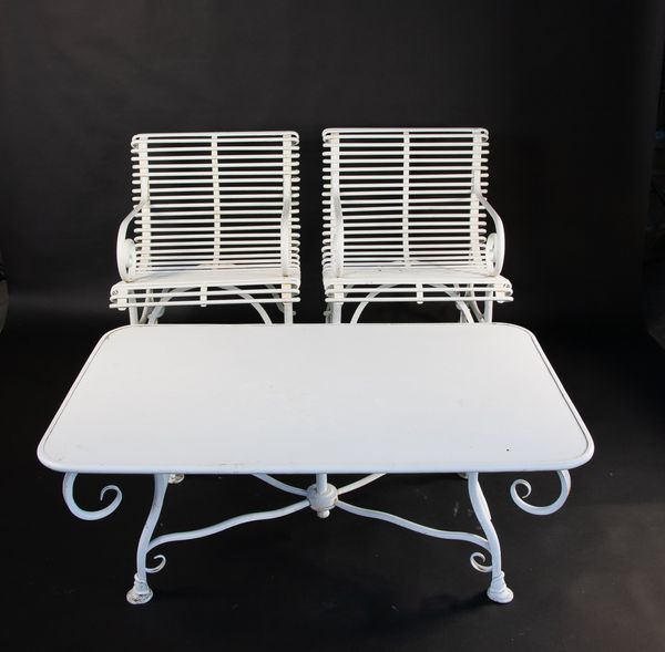 Two Arras style steel ladderback garden chairs with side table