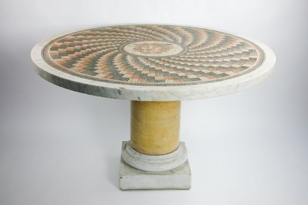 A Roman style mosaic and marble circular table top on Sienna marble column pedestal